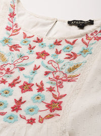 Antheaa White Floral Chiffon Embroidered Laced A-Line Dress