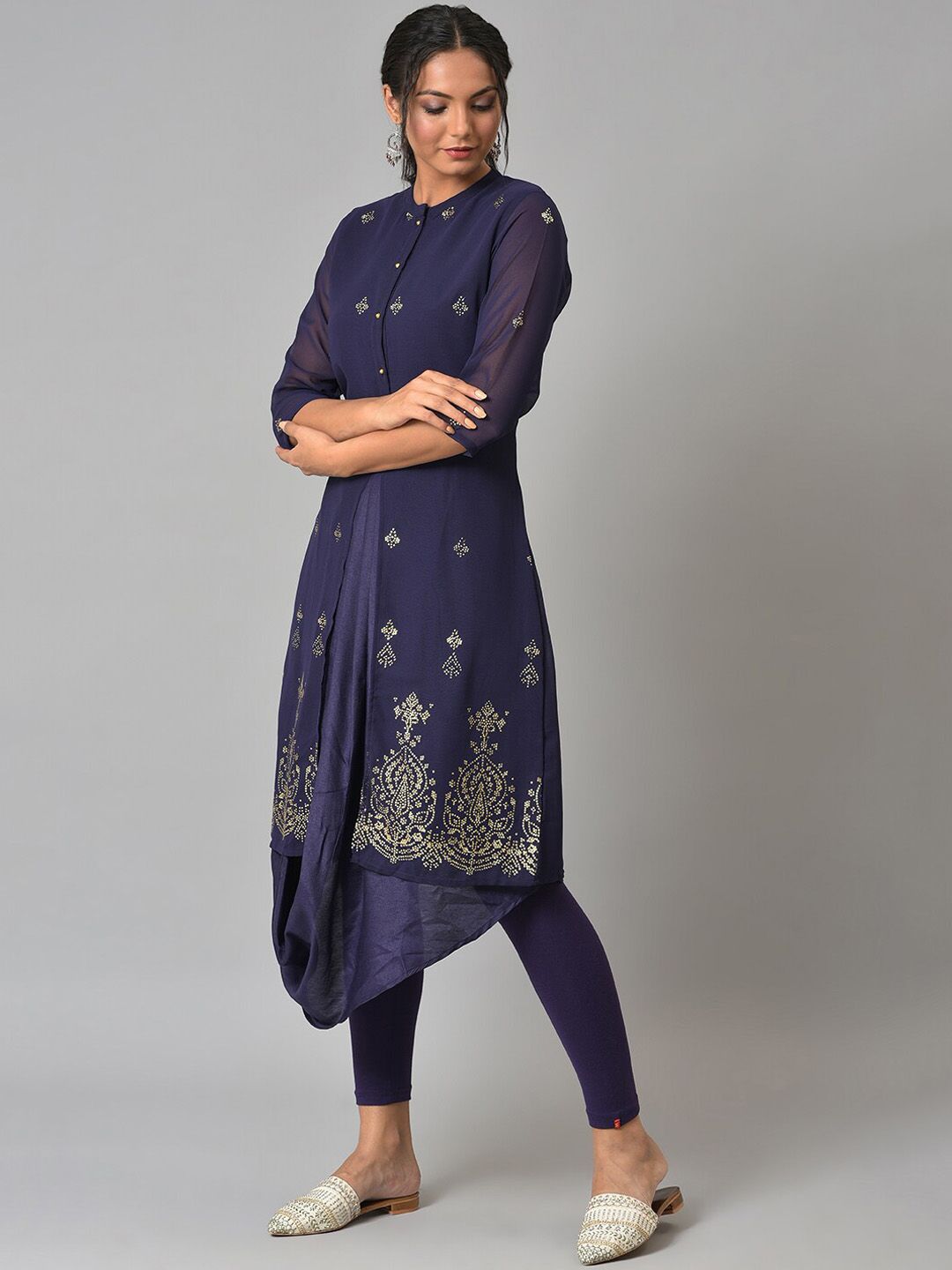 W Women Festive Geometric Print Georgette Cowl Hemline Kurta With Leggings