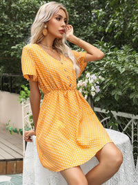 DressBerry Polka Dot Print Flared Sleeve A-Line Dress