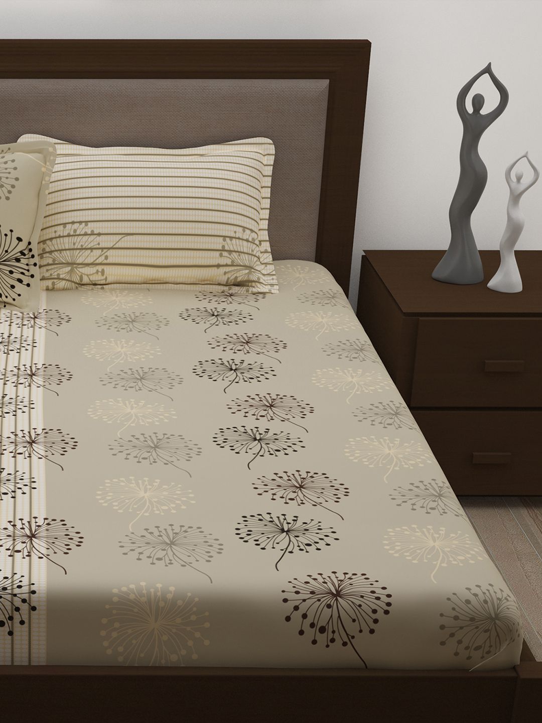 Story@home Grey Floral 186 TC Cotton Bedsheet with 2 Pillow Covers