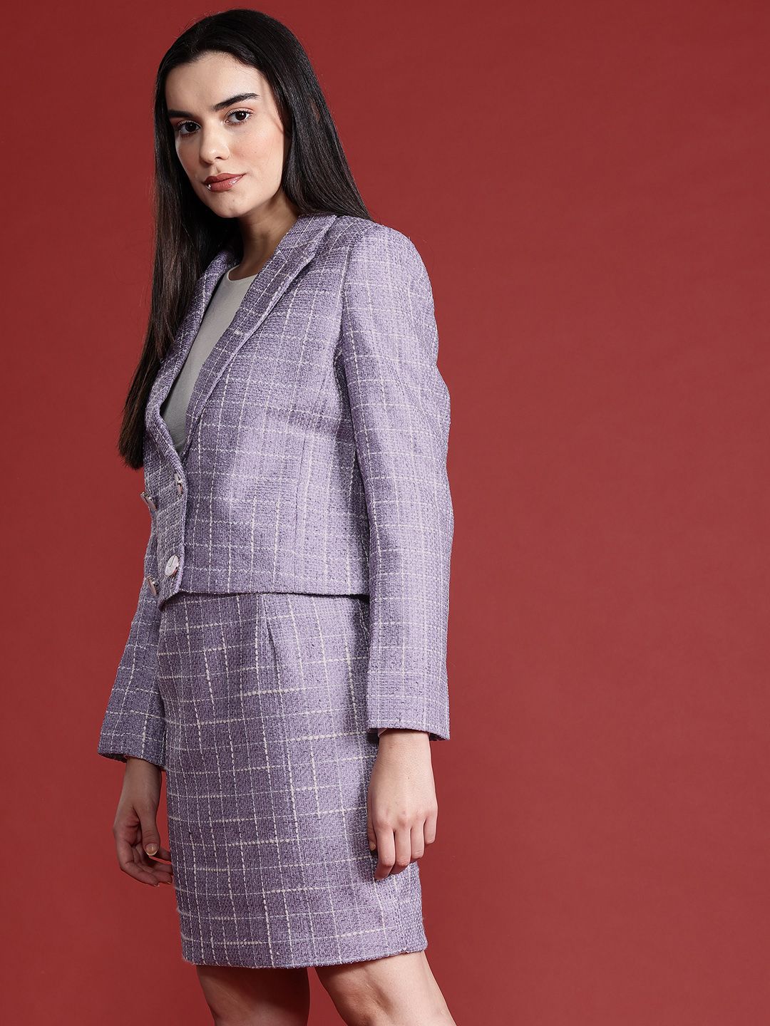 all about you Women Checked Blazer With Skirt Co-Ords Set