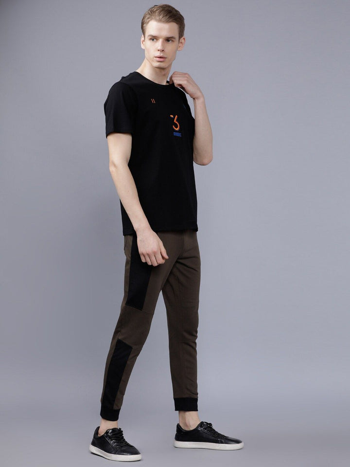 The Indian Garage Co Men Olive-Green & Black Colourblocked Slim-Fit Joggers