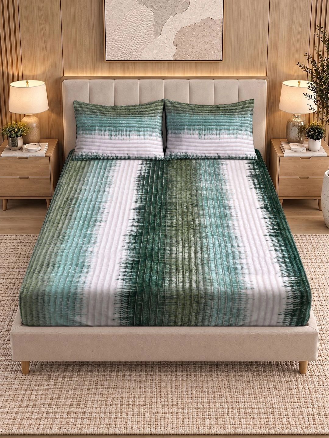 KLOTTHE Green & White Striped 300 TC King Bedsheet with 2 Pillow Covers