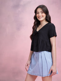 DressBerry Tie-up Detail Pleated Plunge Neck Regular Top