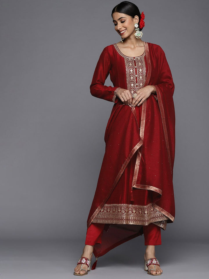 Libas Women Maroon Floral Embroidered Sequinned Kurta with Trousers & Dupatta