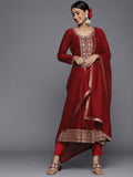 Libas Women Maroon Floral Embroidered Sequinned Kurta with Trousers & Dupatta