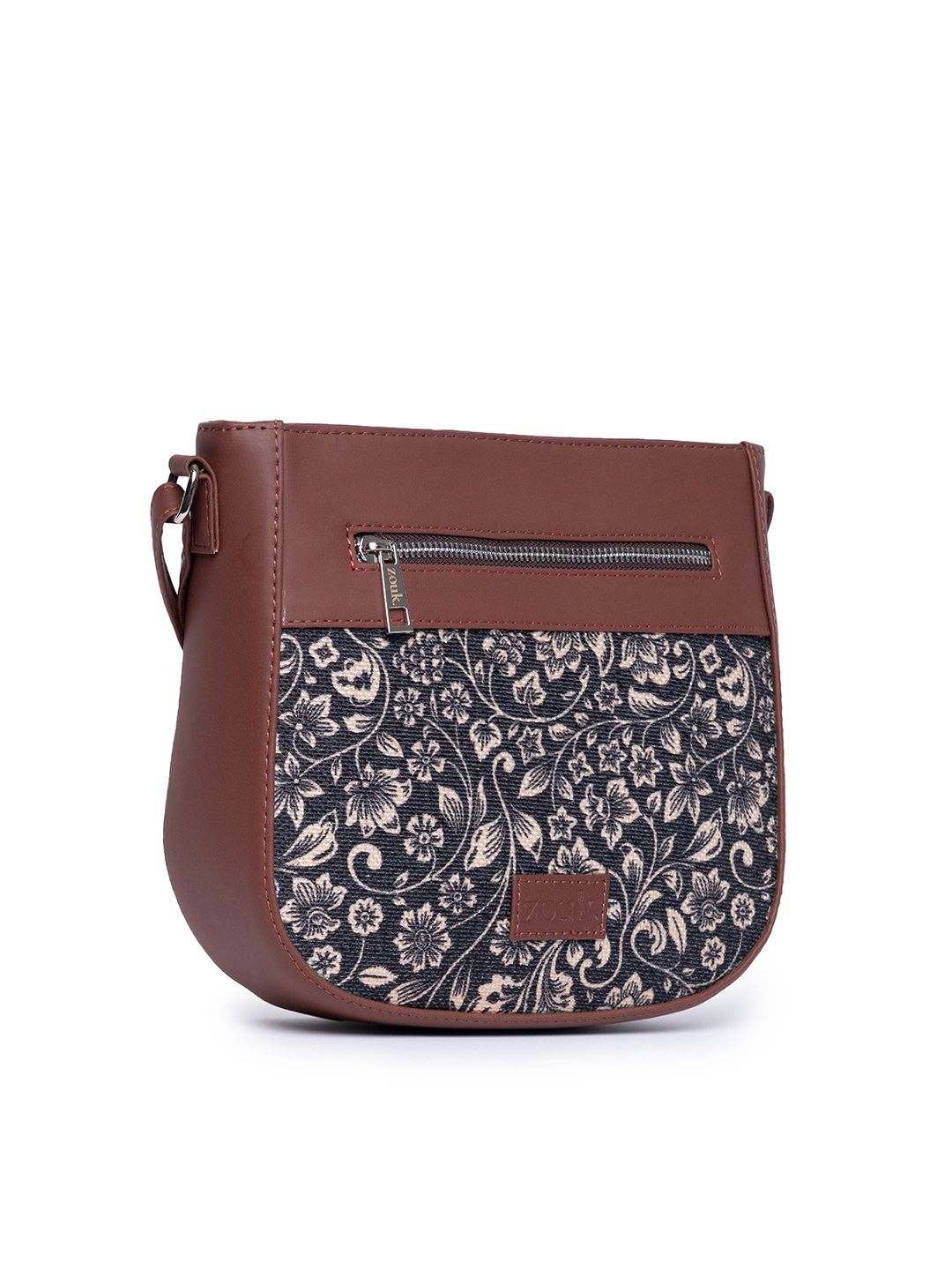 ZOUK Women Black & Brown Floral Printed Structured Sling Bag