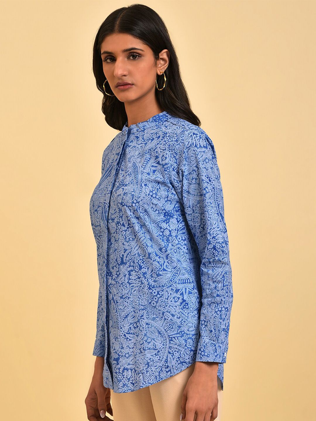 W Blue Floral Printed Mandarin Collar Pure Cotton Shirt Style Top