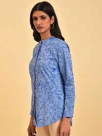 W Blue Floral Printed Mandarin Collar Pure Cotton Shirt Style Top
