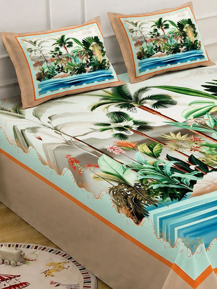 KLOTTHE Green & Blue Floral 400 TC King Bedsheet with 2 Pillow Covers