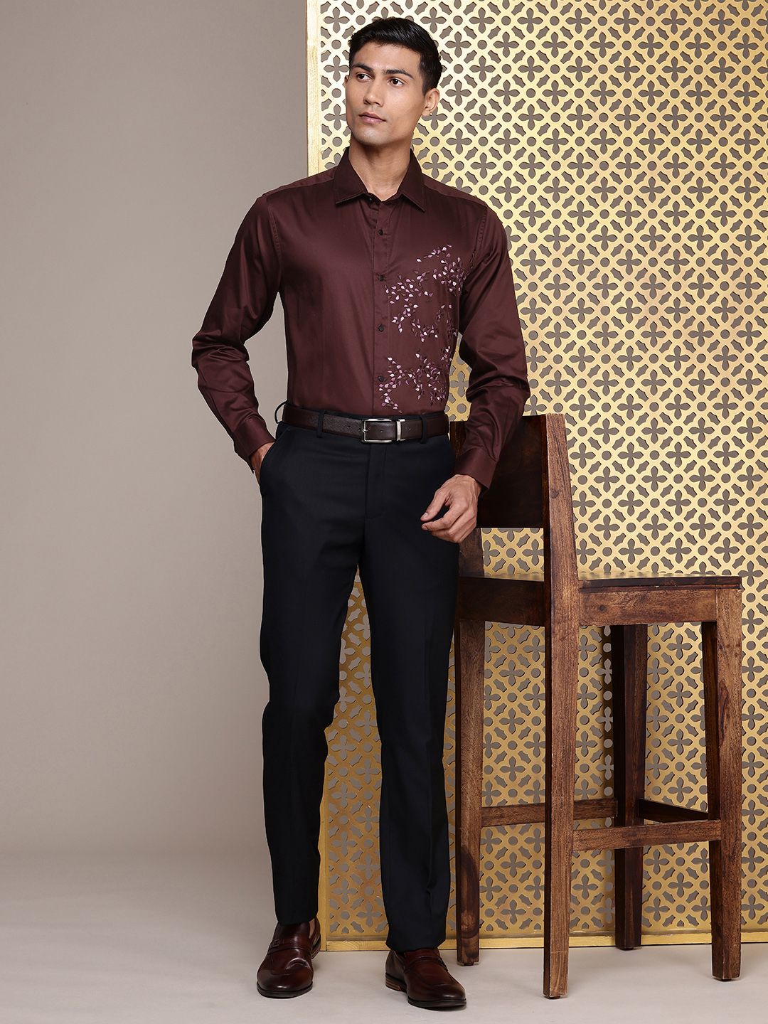 House of Pataudi Self Design Pure Cotton Opaque Party Shirt