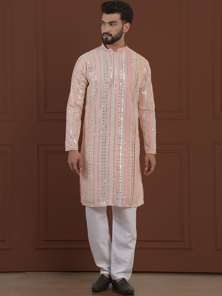 SOJANYA LUXE  Striped Embroidered Mirror Work Straight Kurta With Pyjama