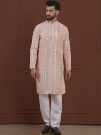 SOJANYA LUXE  Striped Embroidered Mirror Work Straight Kurta With Pyjama