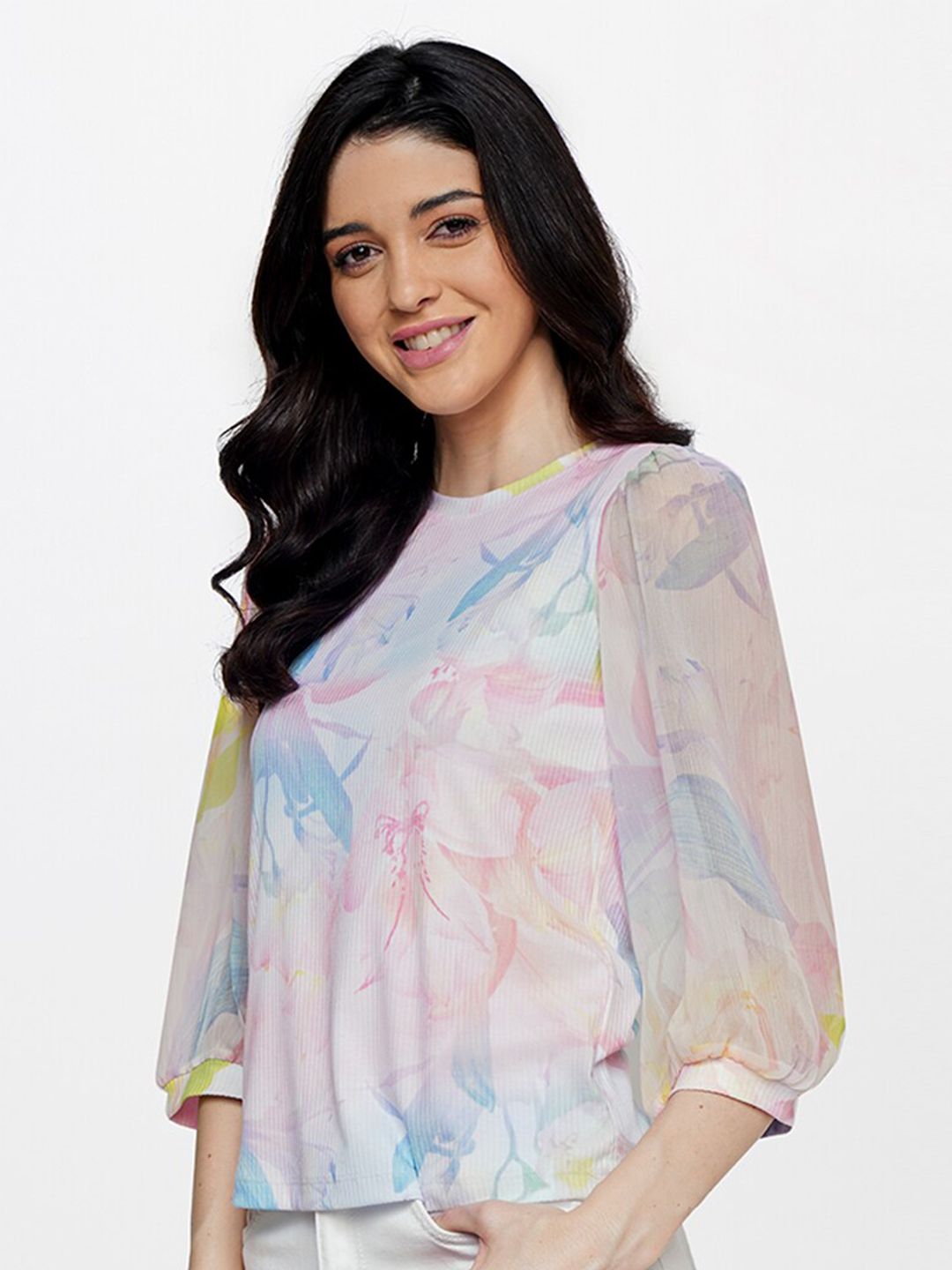 AND Floral Printed Puff Sleeves Top