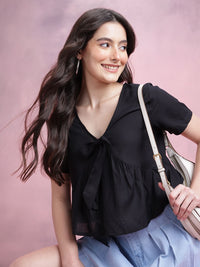 DressBerry Tie-up Detail Pleated Plunge Neck Regular Top