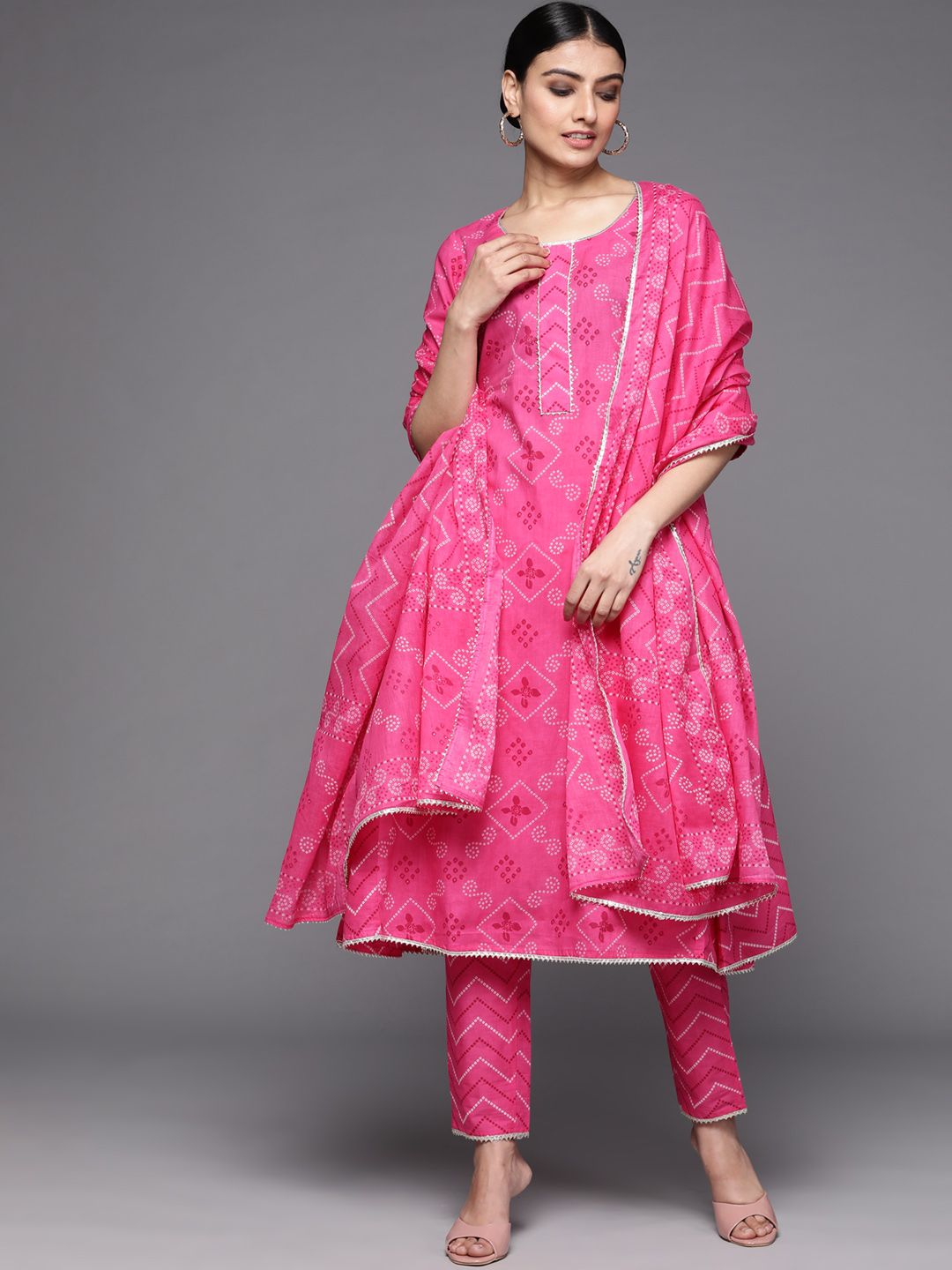 Libas Women Pink Bandhani Printed Gotta Patti Pure Cotton Kurta with Trousers & With Dupatta