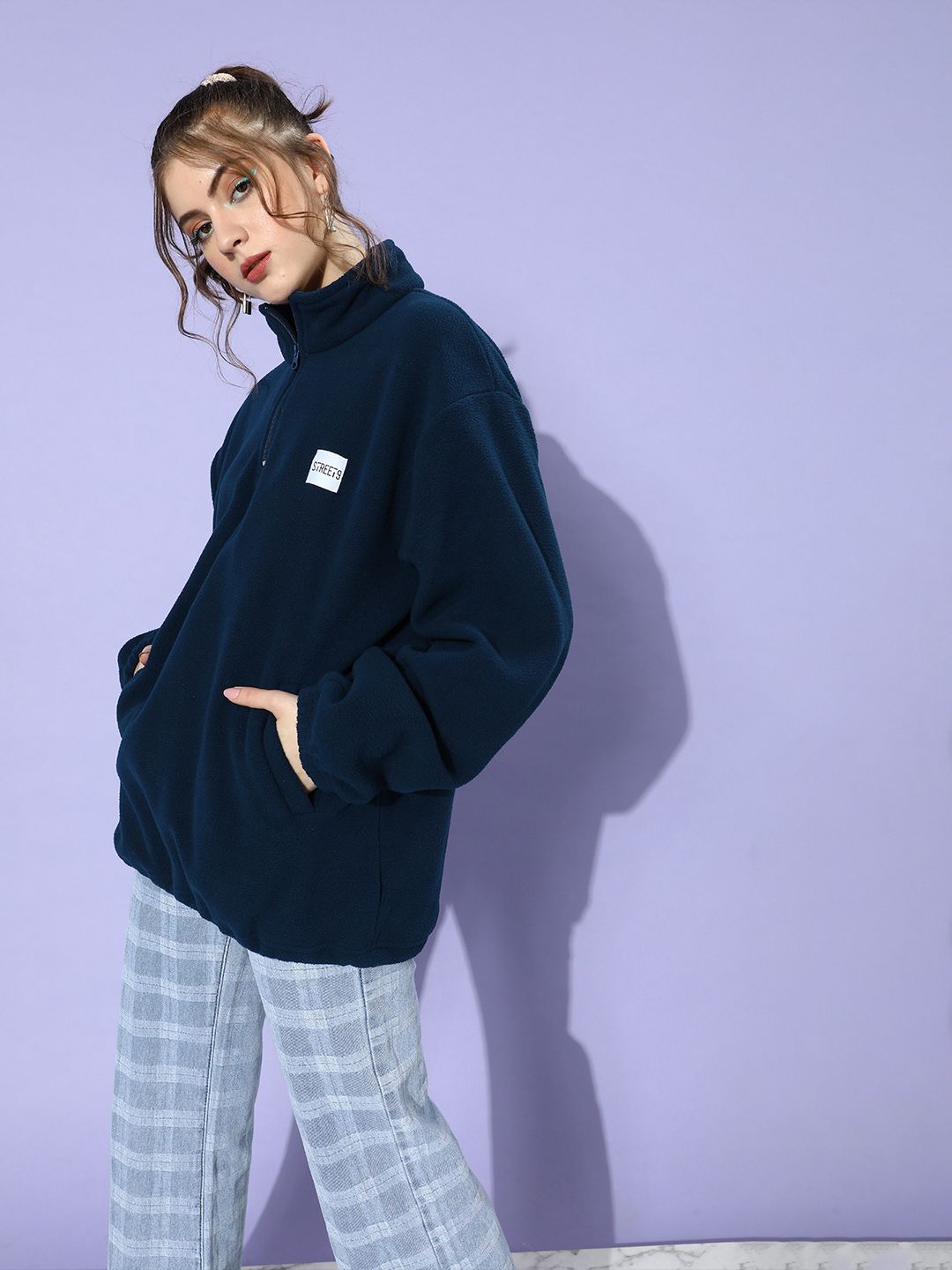 STREET 9 Women Deep Navy Blue Solid Sweatshirt