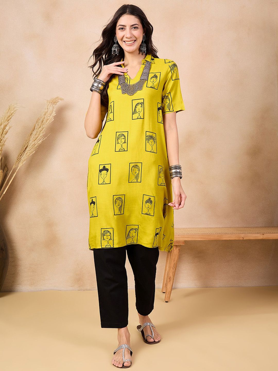 Anouk Mustard Yellow Ethnic Motifs Dicetak Shirt Collar A-Line Kurta