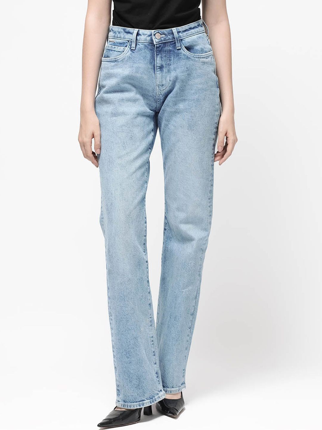 RAREISM Women Comfort Straight Fit High-Rise Clean Look Heavy Fade Cotton Jeans