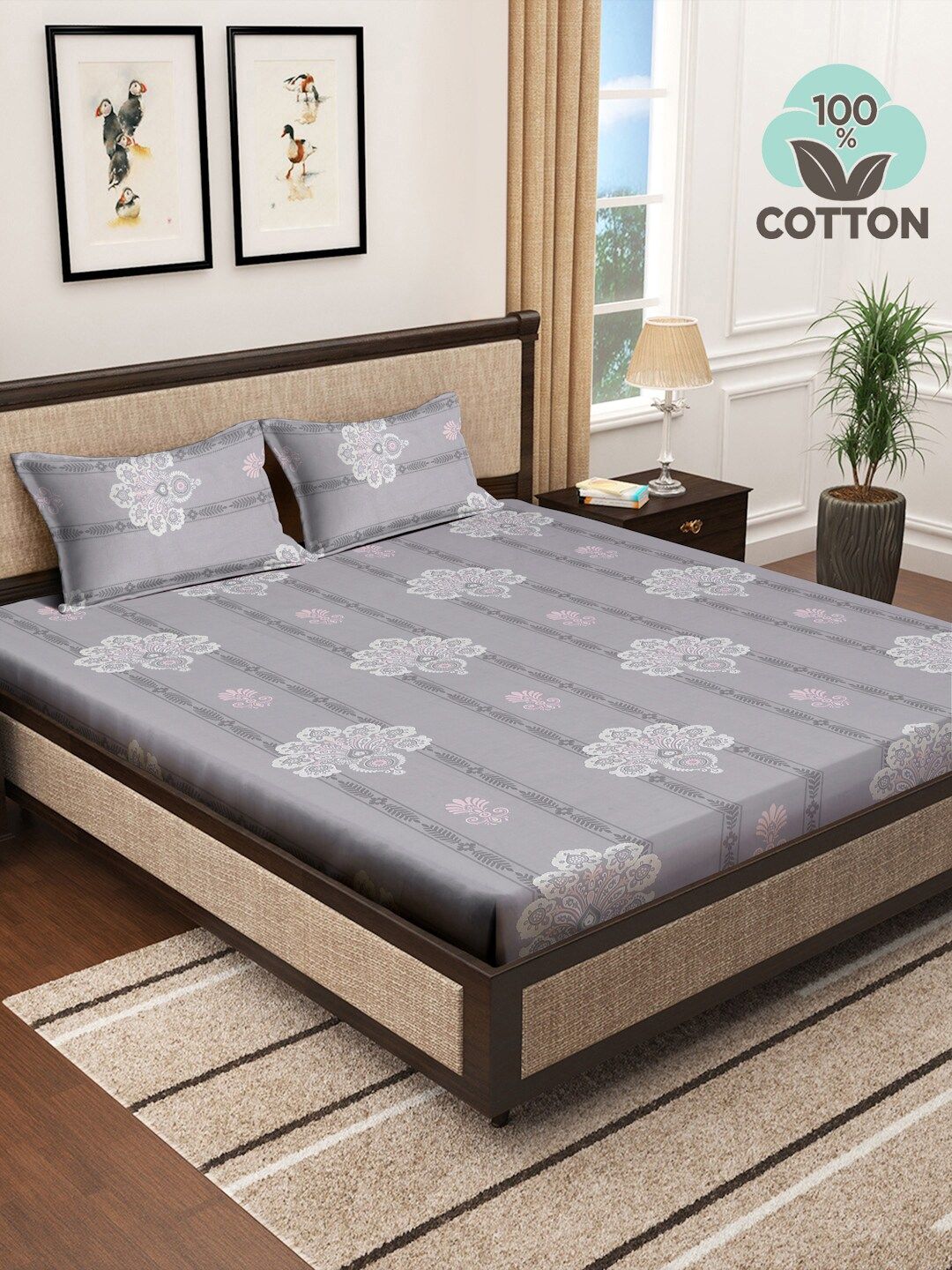 KLOTTHE Grey Floral Printed Dilengkapi 400 TC Kapas Cadar King & 2 Sarung Bantal