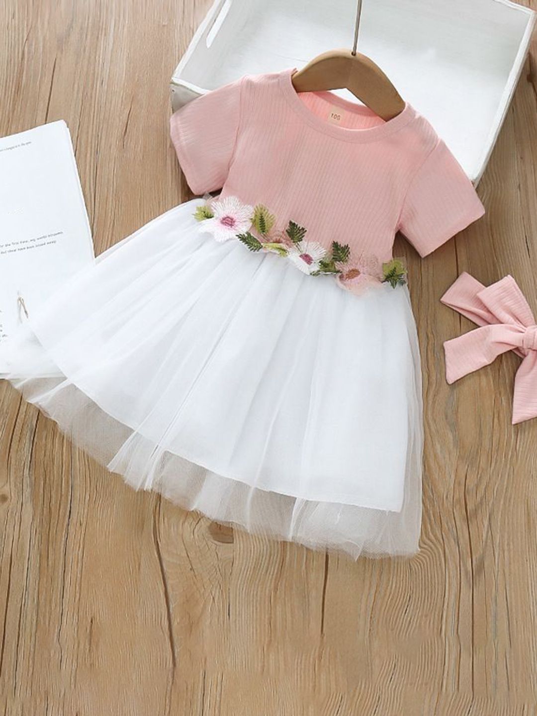 YK Girls Cotton Self Design Fit & Flare Dress