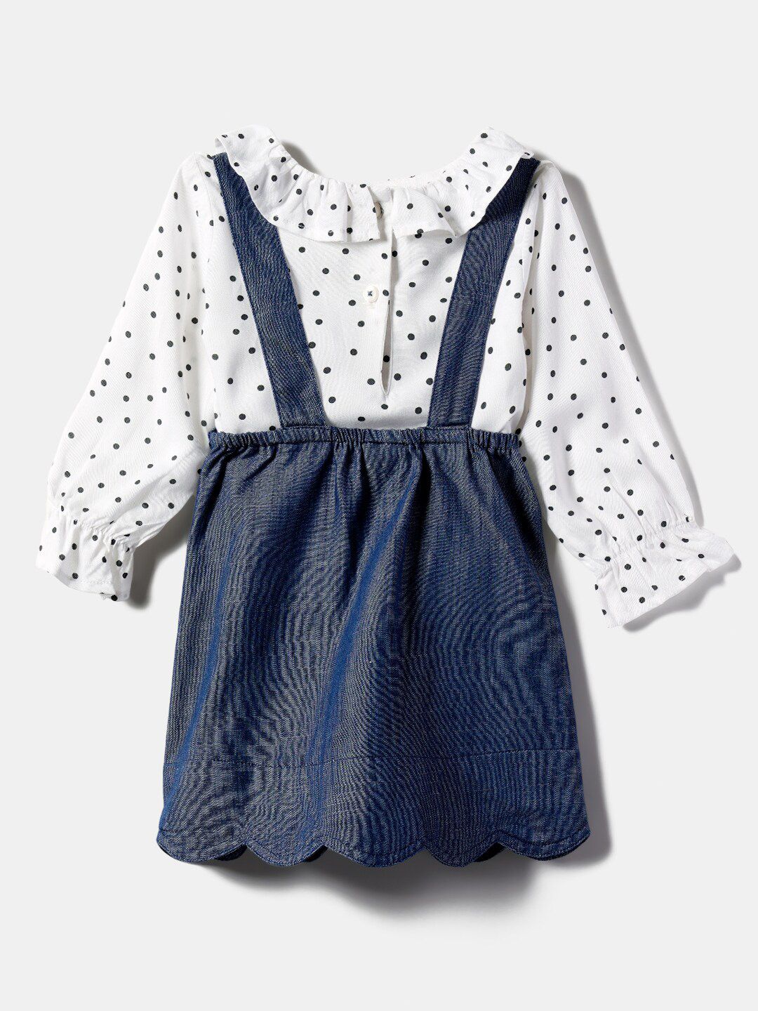 Nauti Nati Infant Girls Pure Cotton Pinafore Dress With Polka Dots Printed Ruffled Top