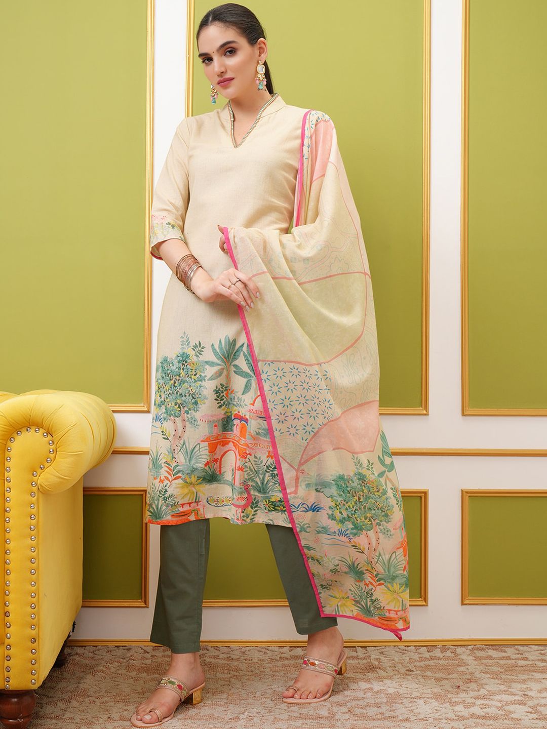 Vishudh Floral Printed Regular Pure Cotton Kurta with Trousers & With Dupatta