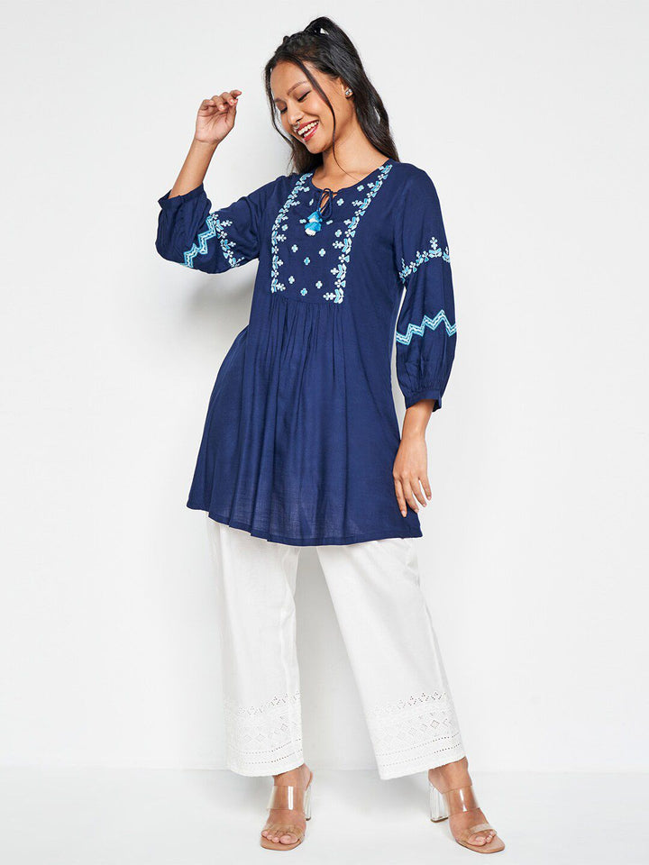 Global Desi Floral Embroidered Tie-Up Neck Tunic
