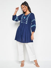 Global Desi Floral Embroidered Tie-Up Neck Tunic