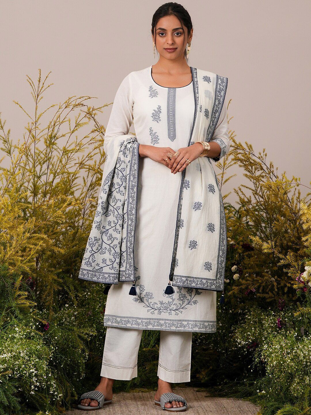 Libas Woven Design Regular Pure Cotton Kurta with Trousers &  Dupatta
