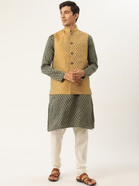 SOJANYA Men Green & Mustard Yellow Ethnic Motifs Kurta with Churidar & Nehru Jacket