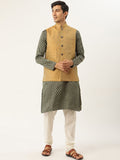 SOJANYA Kurta Motif Etnik Hijau & Kuning Mustard Lelaki dengan Jaket Churidar & Nehru