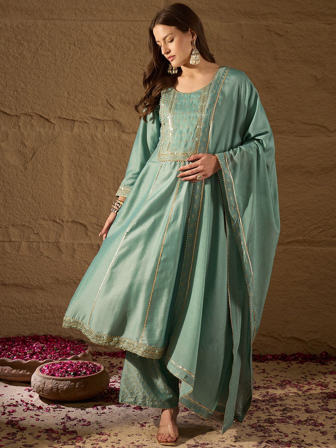 KALINI Ethnic Motifs Embroidered Panelled Kurta with Palazzos & With Dupatta