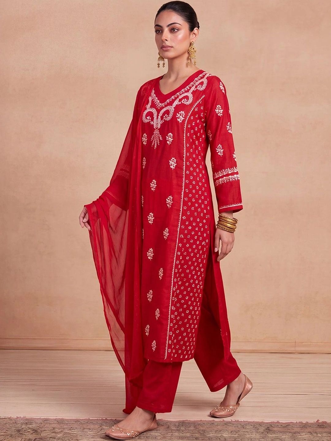 House of Chikankari Women Ethnic Motifs Embroidered Regular Chikankari Chanderi Silk Kurta with Trousers &