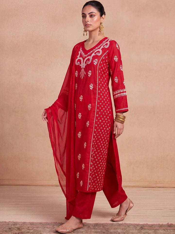 House of Chikankari Women Ethnic Motifs Embroidered Regular Chikankari Chanderi Silk Kurta with Trousers &