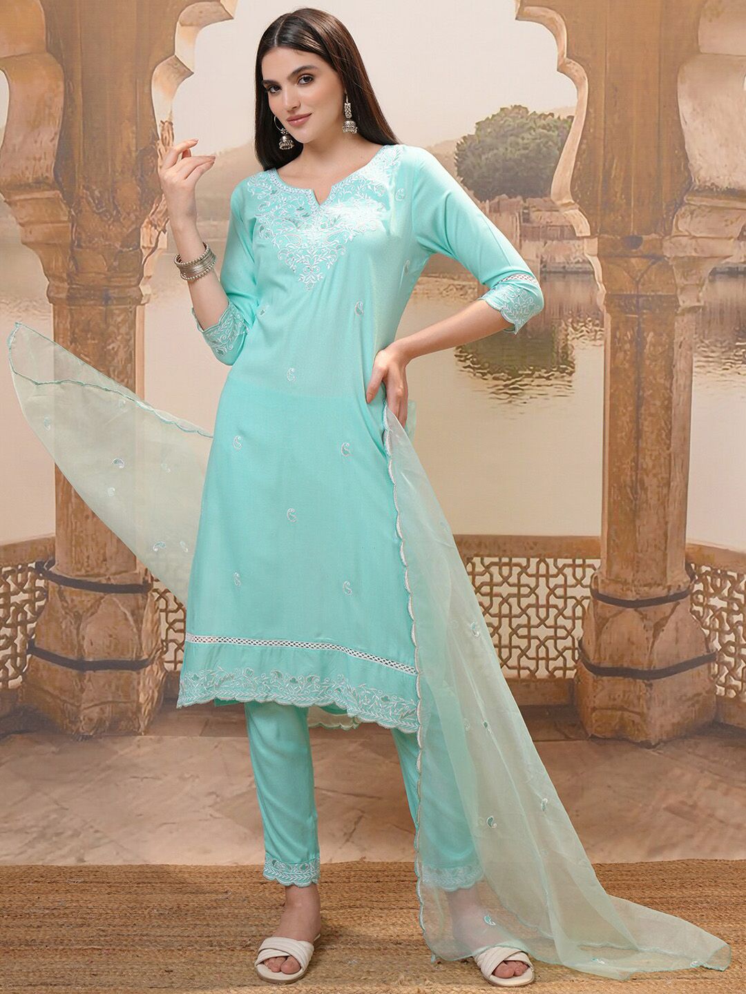 Vishudh Turquoise Blue Floral Embroidered Regular Thread Work Kurta with Trouser & Dupatta