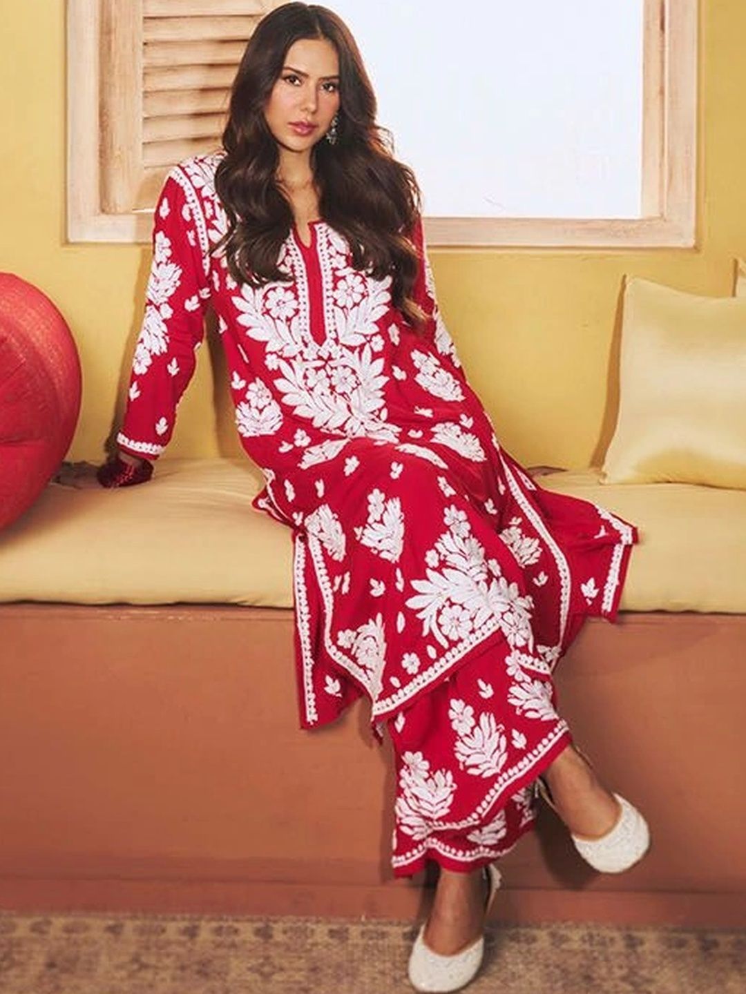 Set Kurta Merah Panjang 2 PC House of Chikankari Wanita