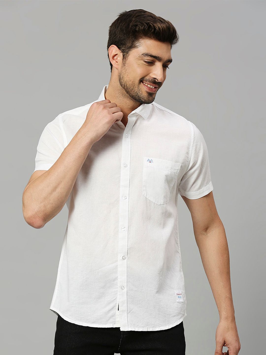 Thomas Scott Cutaway Collar Classic Slim Fit Cotton Linen Casual Shirt