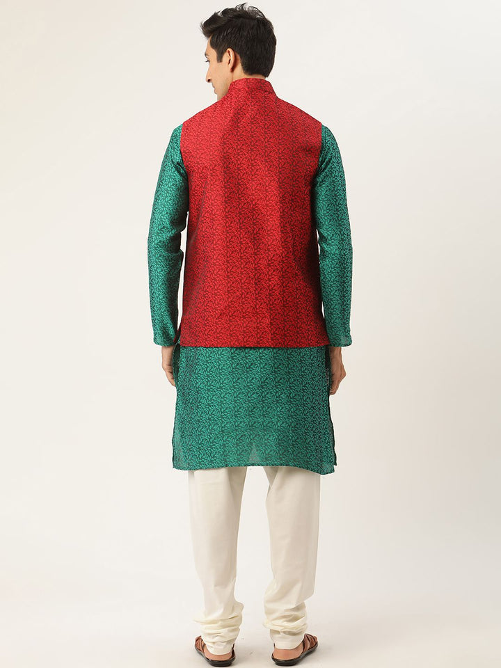 SOJANYA Men Green & Red Ethnic Motifs Woven Design Kurta with Churidar & Nehru Jacket