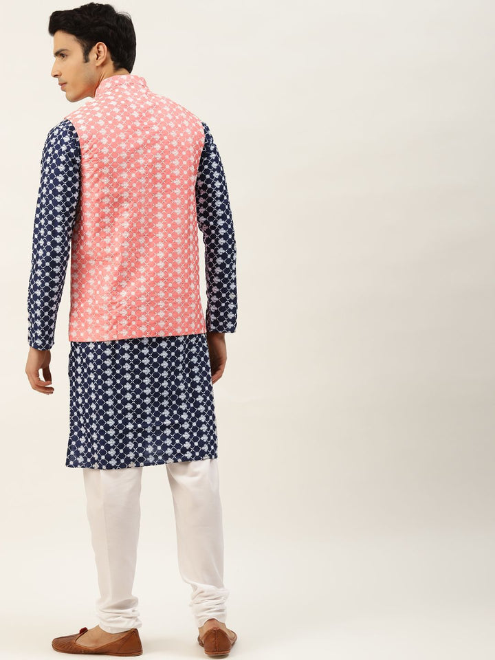 SOJANYA Men Navy Chikankari Embroidered Kurta with Churidar & Nehru Jacket