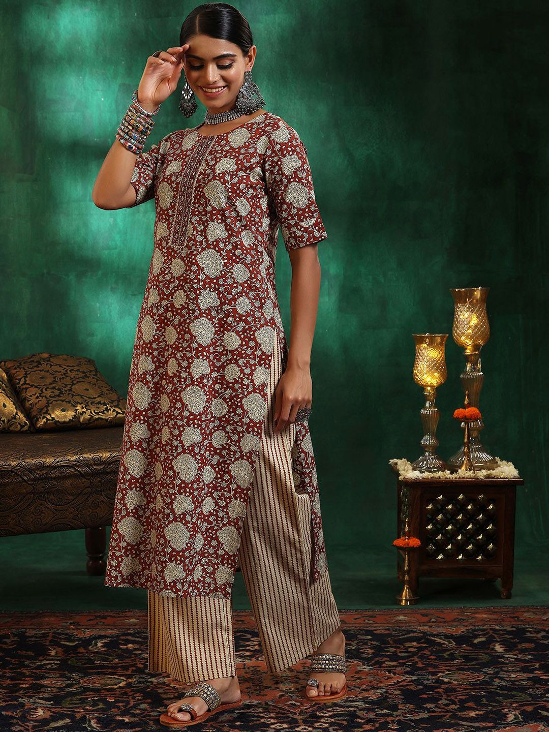 Libas Floral Printed Regular Gotta Patti Pure Cotton Straight Kurta with Palazzos