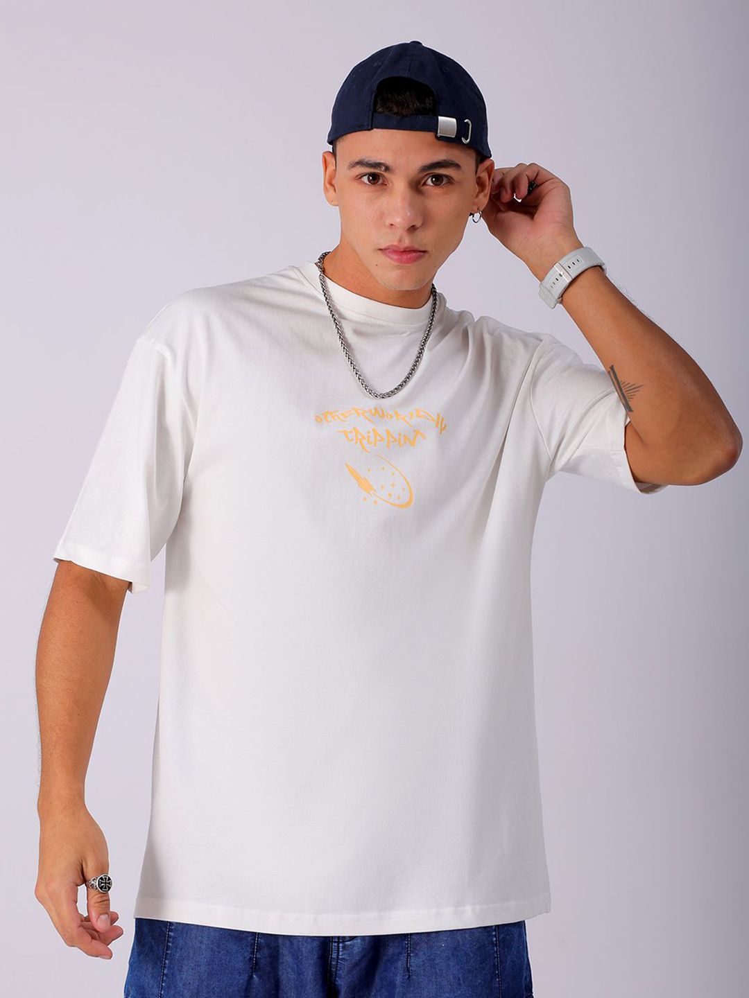The Indian Garage Co Men Back Printed Boxy Oversized Round Neck Pure Cotton T-shirt