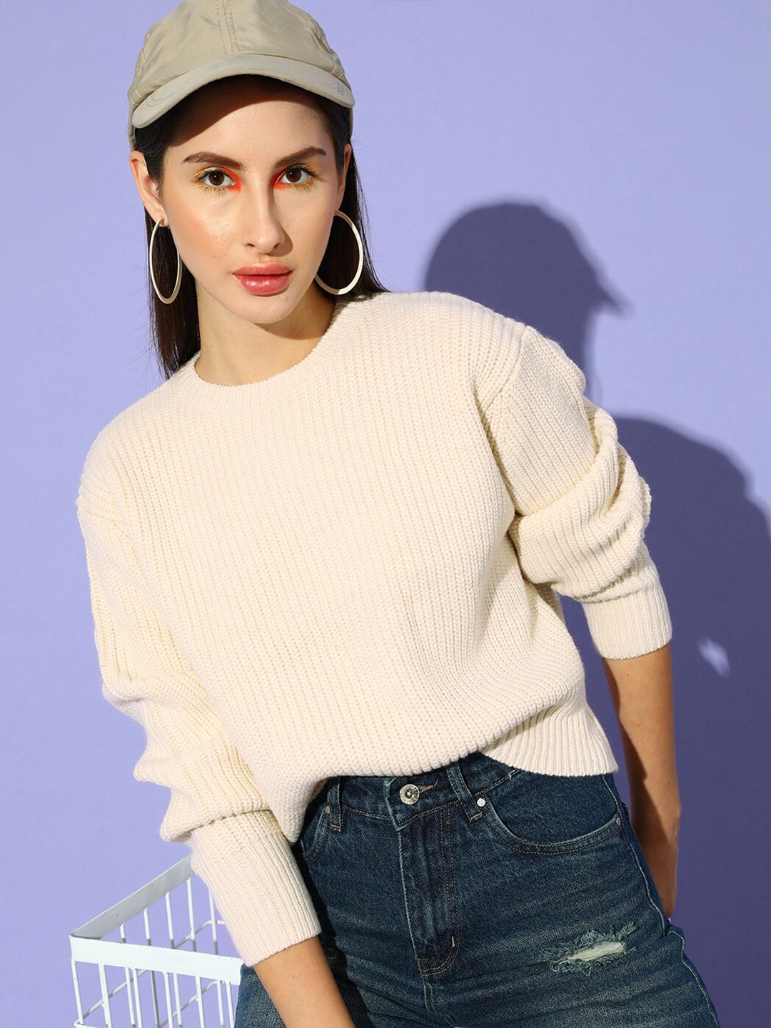 STREET 9 Women Off White Ribbed Crop Pullover