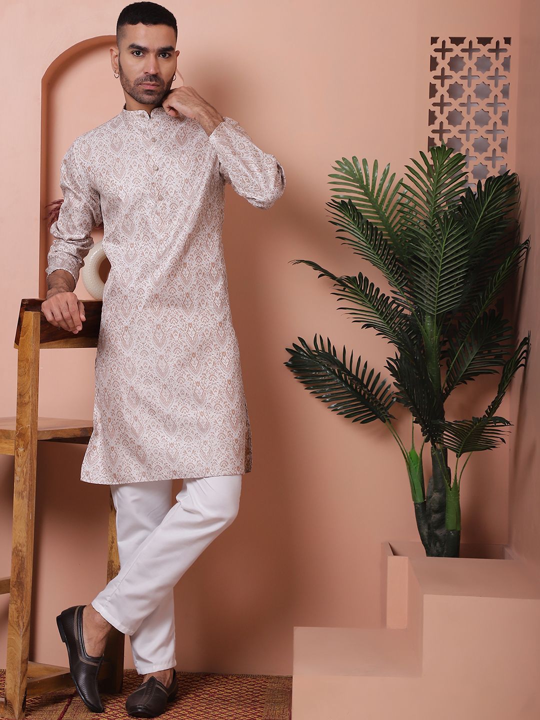 Anouk Brown Ethnic Motifs Woven Design Band Collar Straight Kurta With Pyjamas