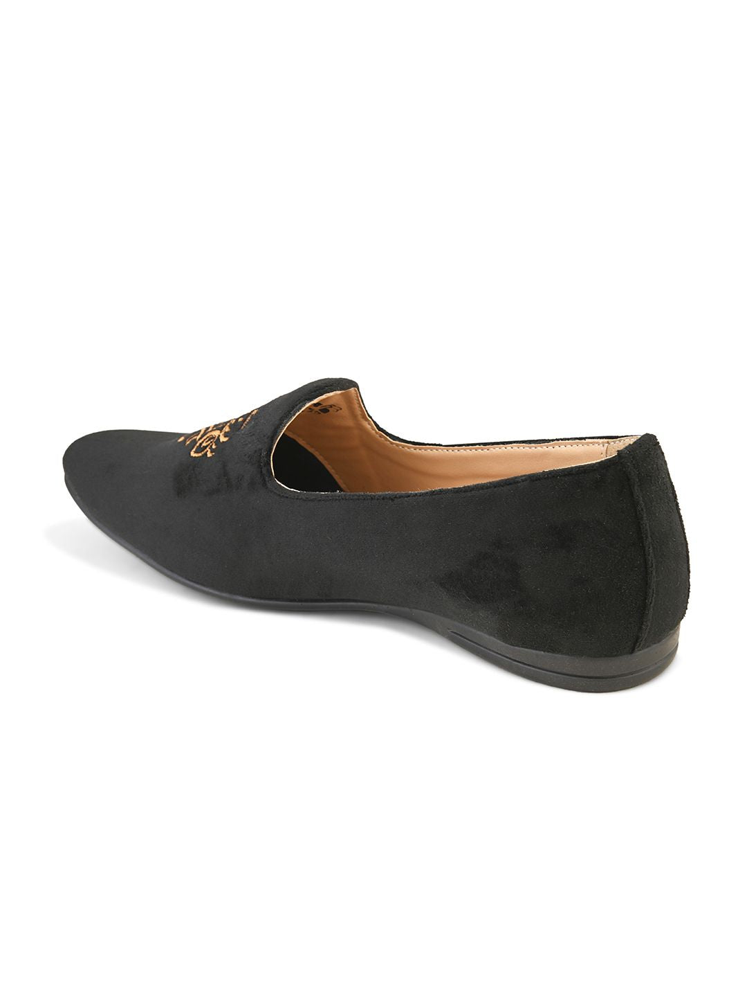House of Pataudi Men Black & Beige Woven Design Handcrafted Slip-Ons