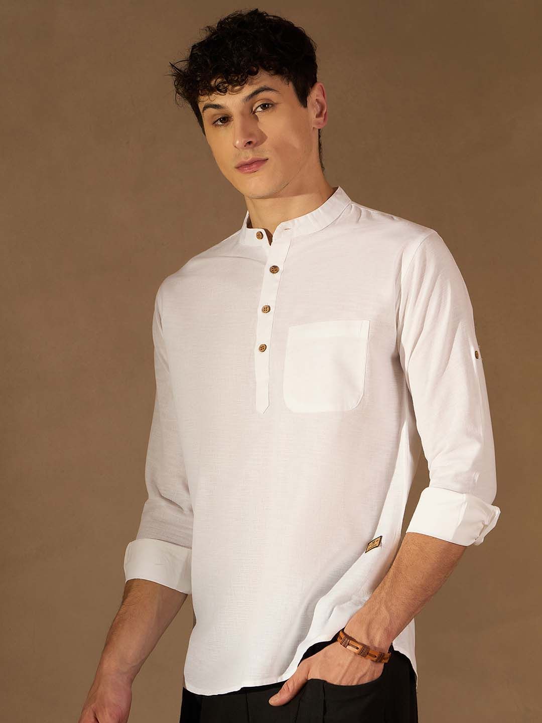 DENNISON Men White Solid Straight Pure Cotton Short Kurta