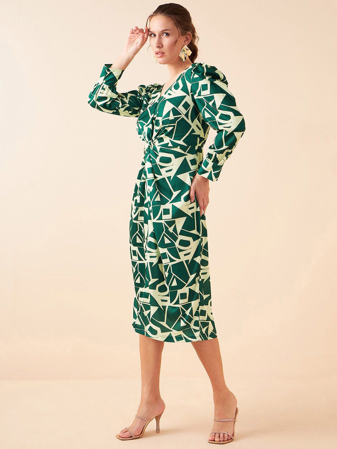 Antheaa Green Geometric Printed V-Neck Sheath Midi Dress