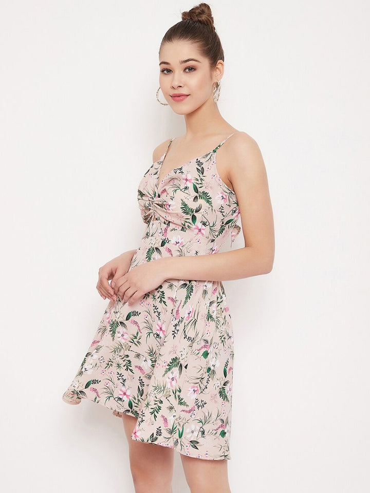 Berrylush Women Beige Printed Fit and Flare Dress