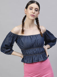STREET 9 Navy Blue Pure Cotton Solid Denim Fitted Top