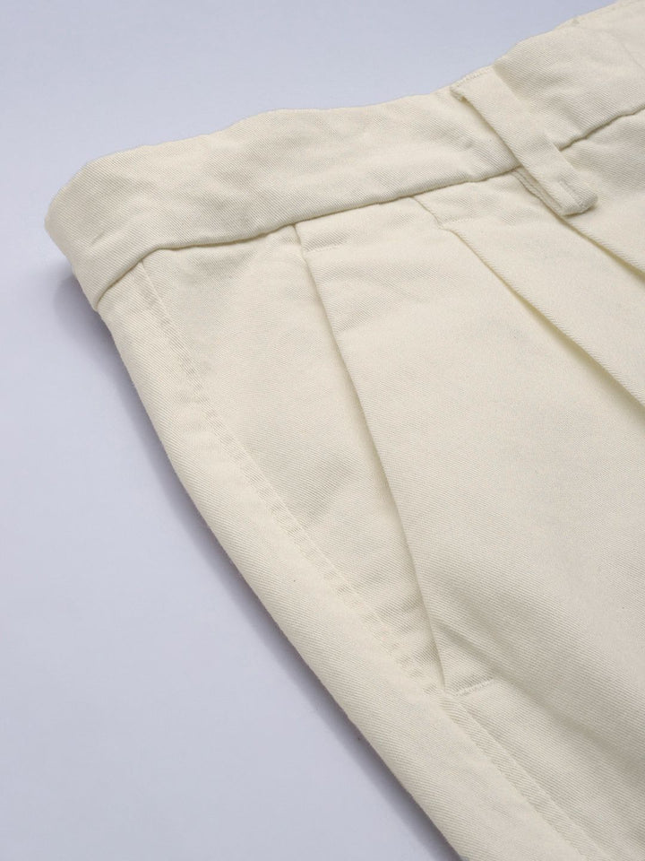 Mr Bowerbird Men Cream-Coloured Oversized Fit Mid-Rise Elephant Ankle Pleated Trousers